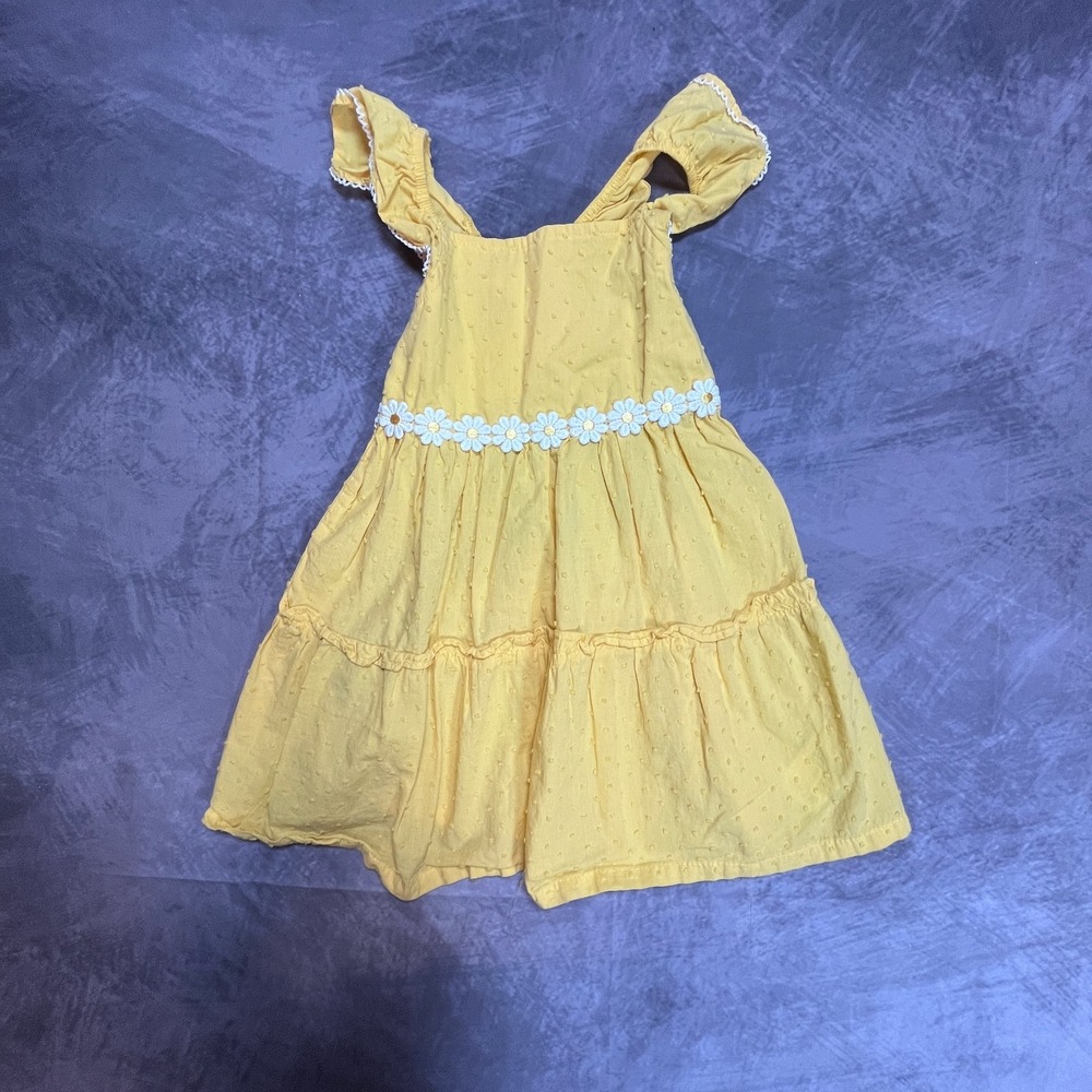 Penelope Mack Dress Girls 3T Yellow Swiss Dot Daisy Trim Flutter Sleeve Ruffled